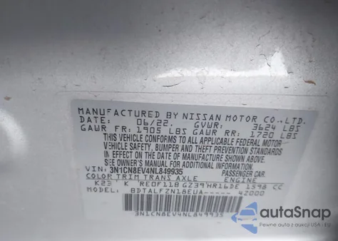 2022 Nissan Versa 1.6 Sv Xtronic Cvt z USA, uszkodzony, nr VIN 3N1CN8EV4NL849935